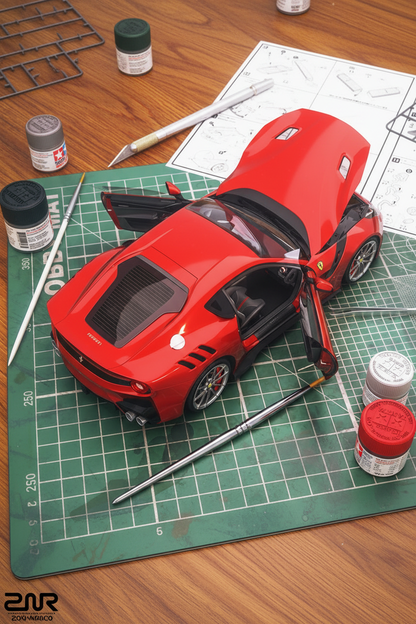 Ferrari model in portrait format with workspace background