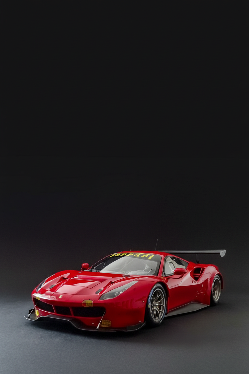 Ferrari race car in portrait format with dark studio background